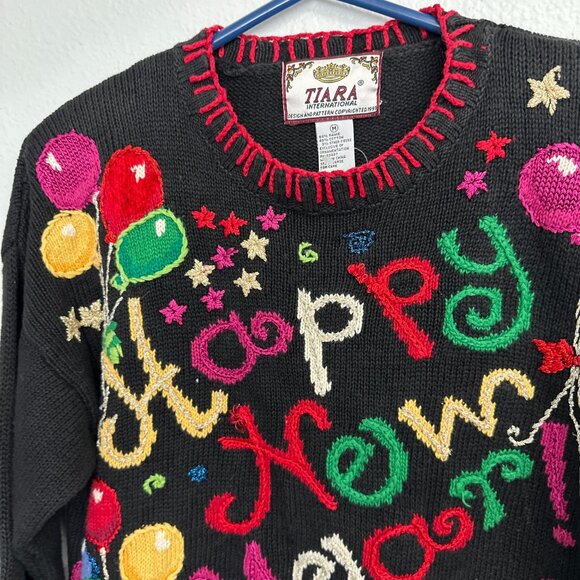Vtg Y2k Happy New Year 2000 Cardigan Sweater Medium Ugly Xmas Knit Womens - Picture 4 of 6